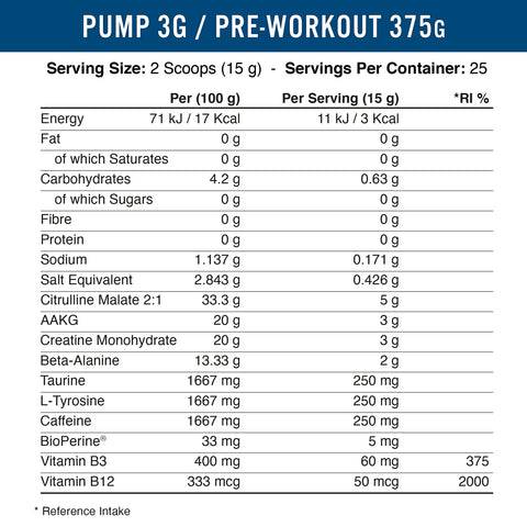 Pump 3G Pre Workout 375g (with Caffeine) - Gold Nutrition