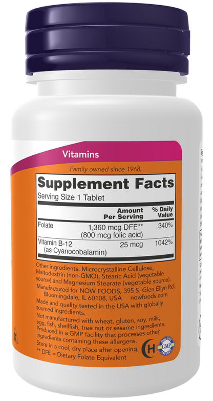 NOW Folic Acid 800 mcg with Vitamin B-12 Tablets